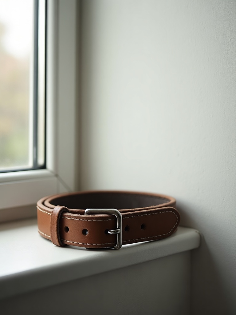 A worn leather collar resting on a windowsill in morning light