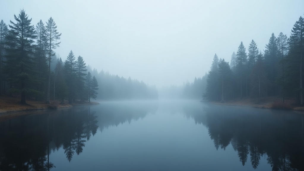 Mist between pines beside a still lake