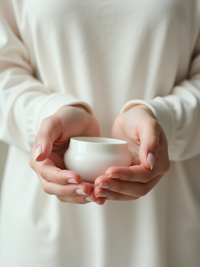 Cupped hands holding a small rounded glass form