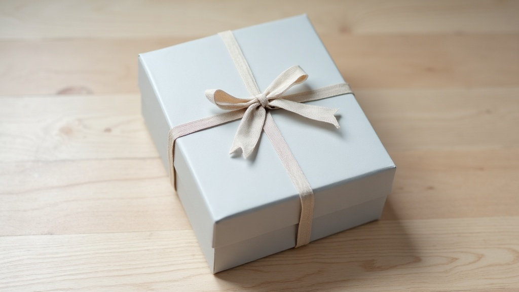 A plain pale box tied with linen ribbon