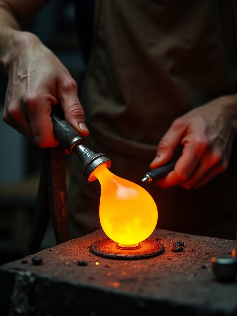 A glassmaker shaping a glowing animal form at the bench